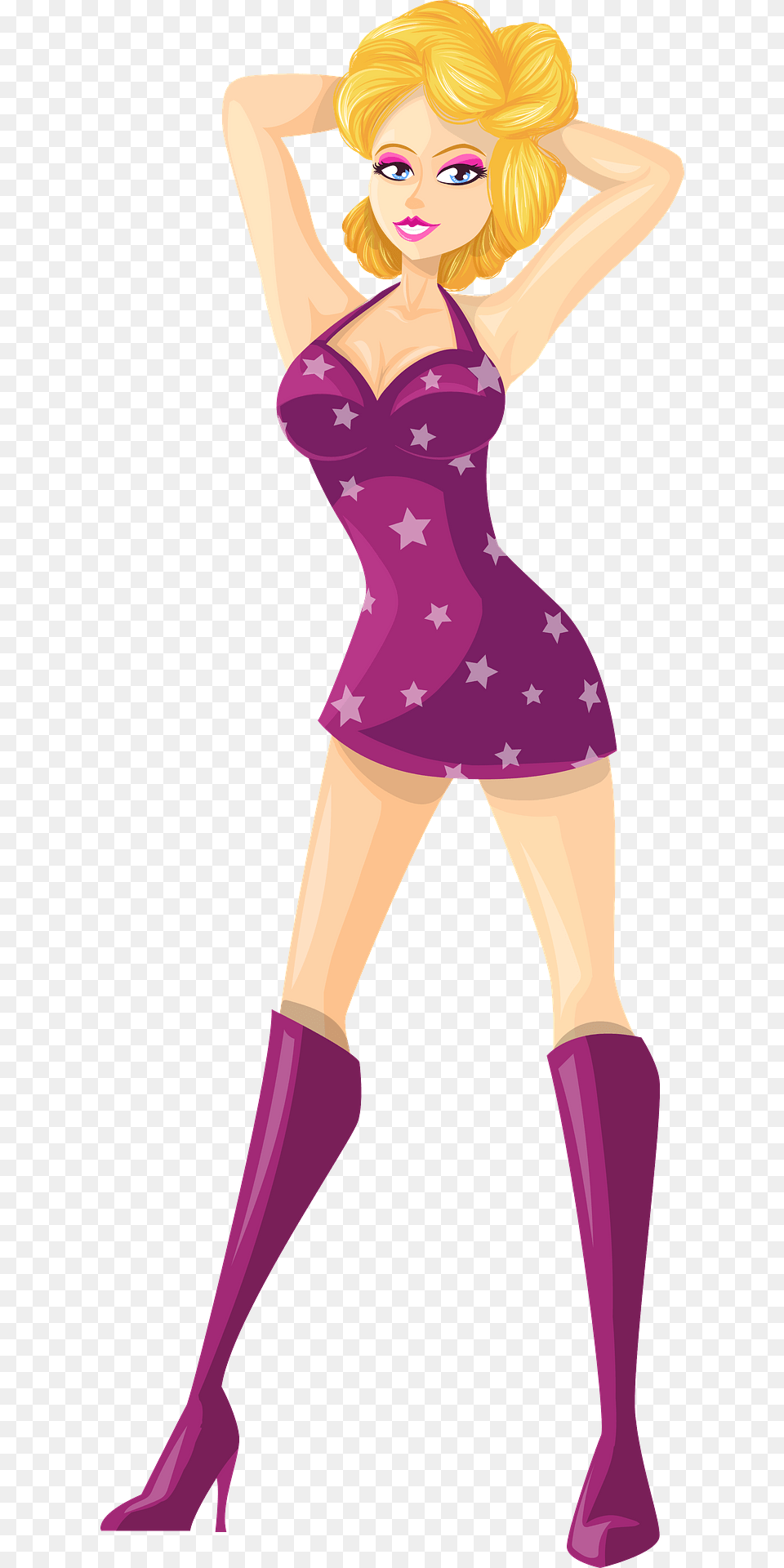 Young Lady Blonde Hair Light Skin Purple Dress With Star Pattern Clipart, Adult, Person, Woman, Female Png Image