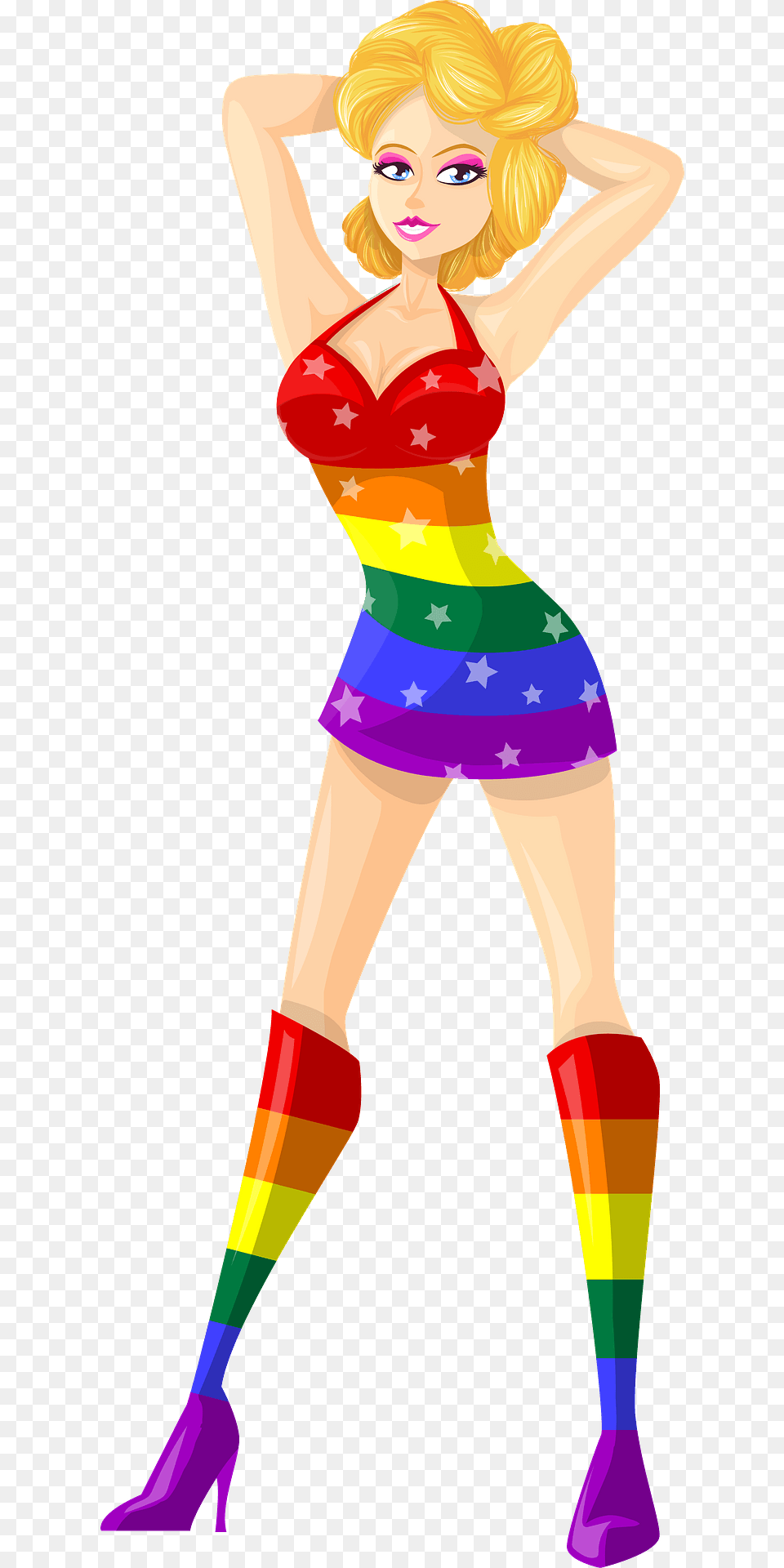Young Lady Blonde Hair Light Skin Rainbow Dress With Star Pattern Clipart, Adult, Female, Person, Woman Free Png