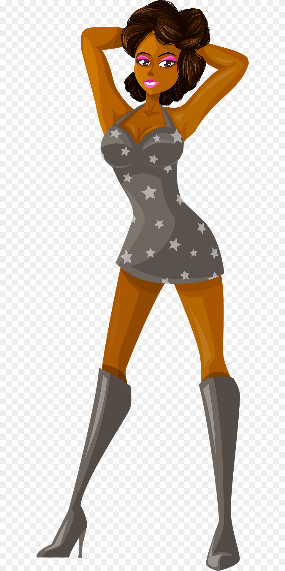 Young Lady Brown Hair Dark Skin Gray Dress With Star Pattern Clipart, Adult, Person, Female, Woman Png Image