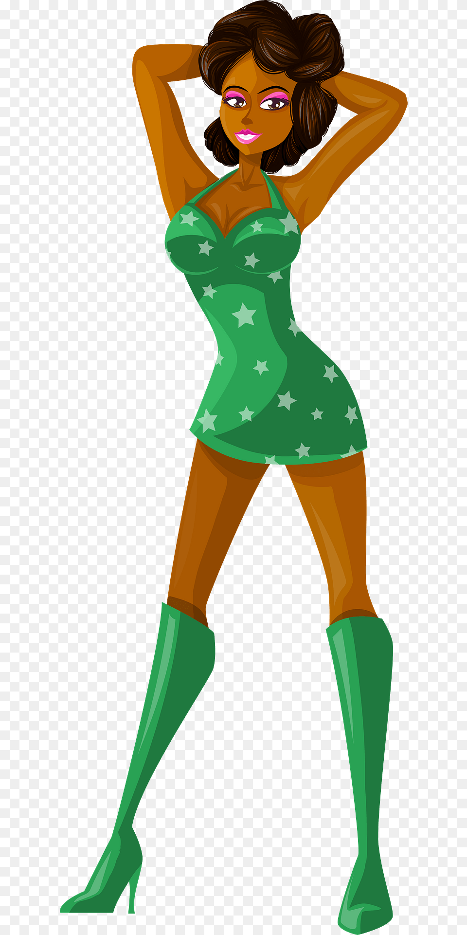 Young Lady Brown Hair Dark Skin Green Dress With Star Pattern Clipart, Person, Clothing, Head, Face Png