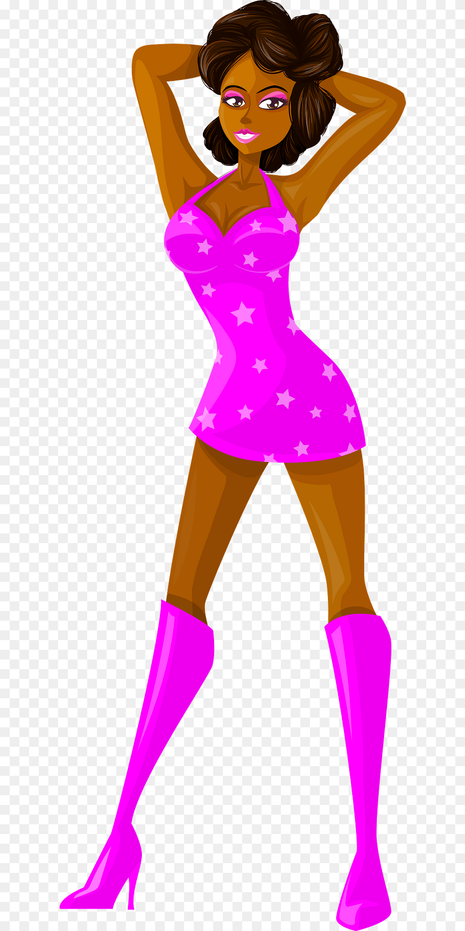 Young Lady Brown Hair Dark Skin Pink Dress With Star Pattern Clipart, Purple, Adult, Person, Female Free Png