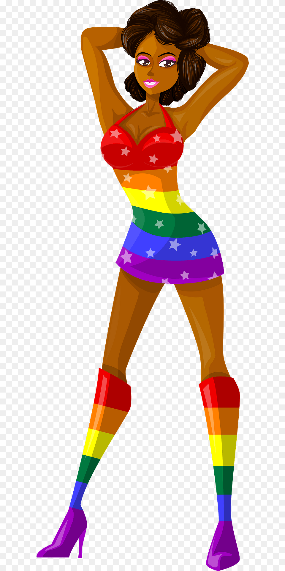 Young Lady Brown Hair Dark Skin Rainbow Dress With Star Pattern Clipart, Adult, Person, Female, Woman Png Image