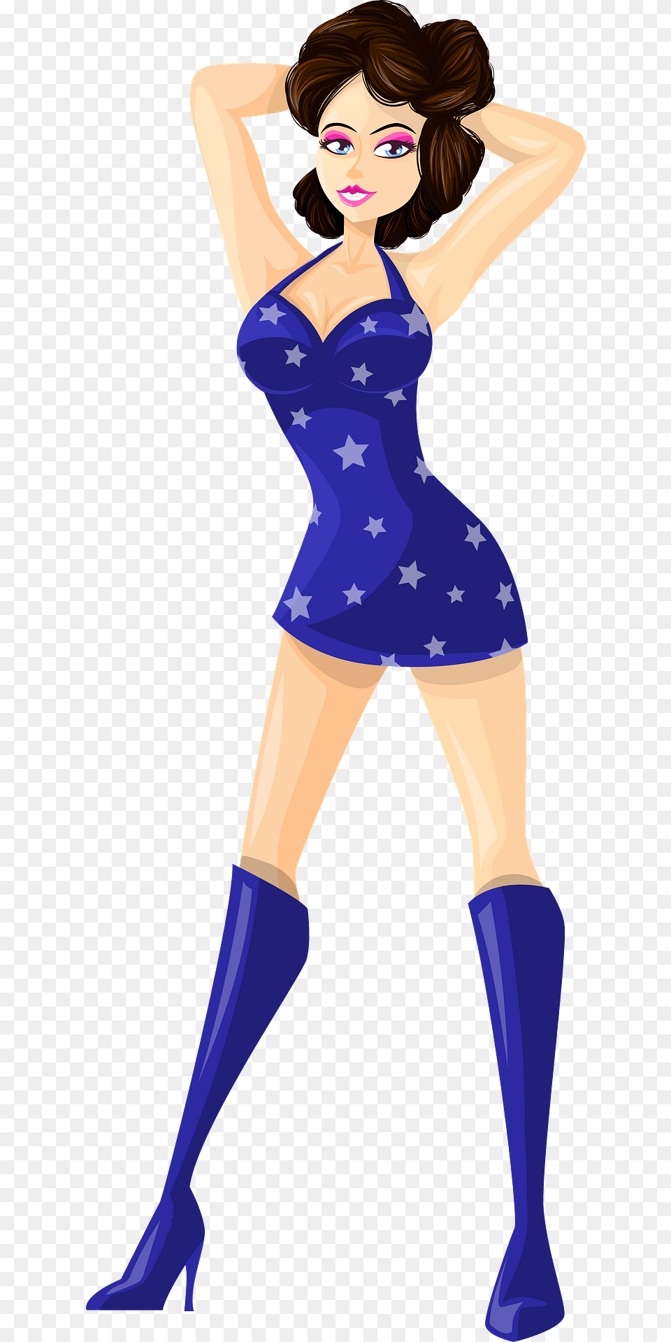 Young Lady Brown Hair Light Skin Blue Dress With Star Pattern Clipart, Adult, Person, Female, Woman Png Image