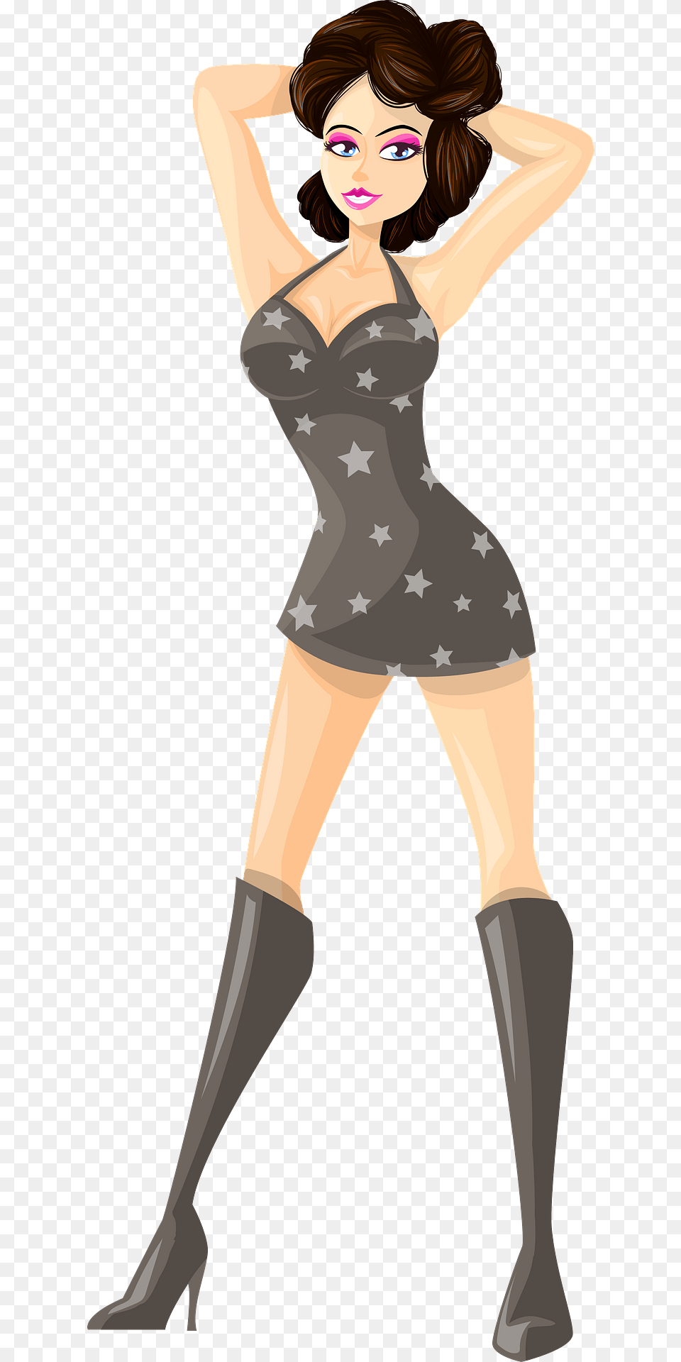 Young Lady Brown Hair Light Skin Gray Dress With Star Pattern Clipart, Adult, Person, Woman, Female Free Transparent Png