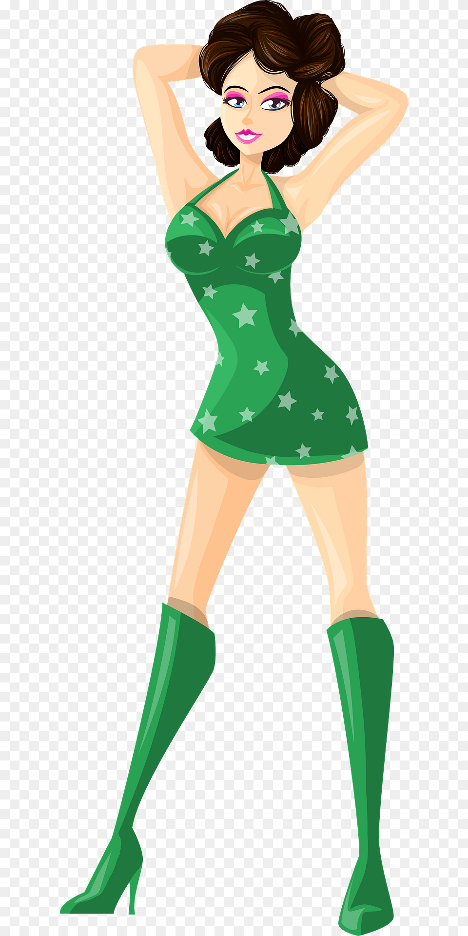 Young Lady Brown Hair Light Skin Green Dress With Star Pattern Clipart, Woman, Adult, Female, Person Png