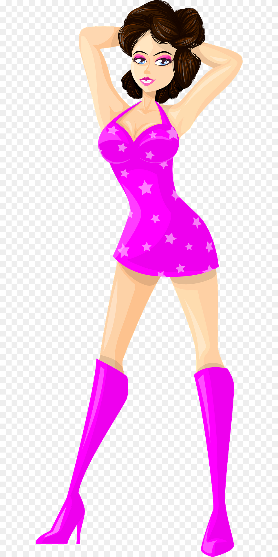 Young Lady Brown Hair Light Skin Pink Dress With Star Pattern Clipart, Purple, Adult, Person, Female Free Png Download