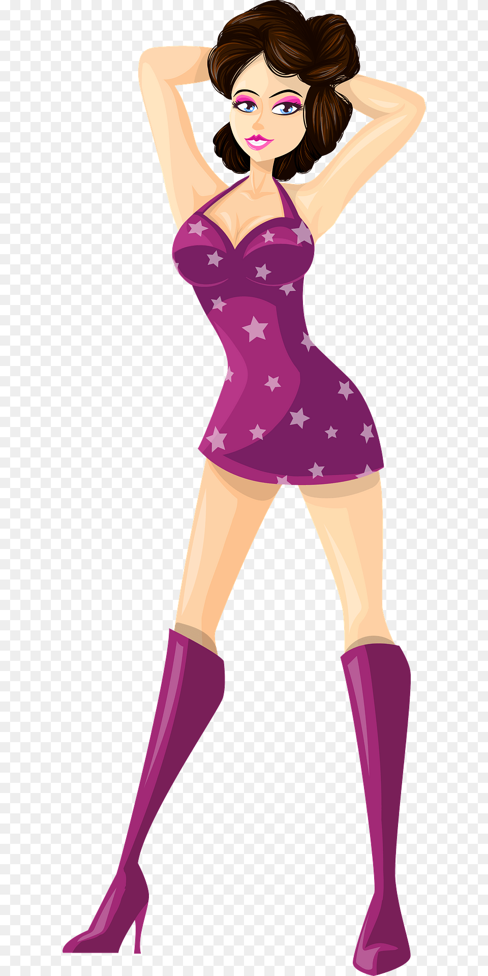 Young Lady Brown Hair Light Skin Purple Dress With Star Pattern Clipart, Adult, Person, Female, Woman Free Transparent Png