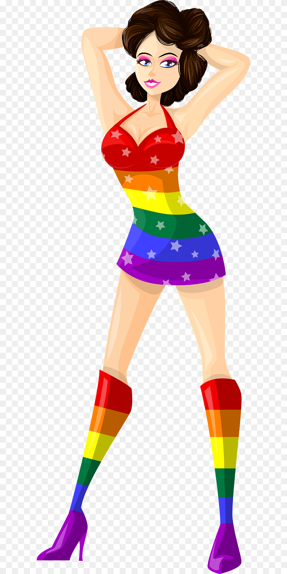 Young Lady Brown Hair Light Skin Rainbow Dress With Star Pattern Clipart, Adult, Person, Female, Woman Png Image