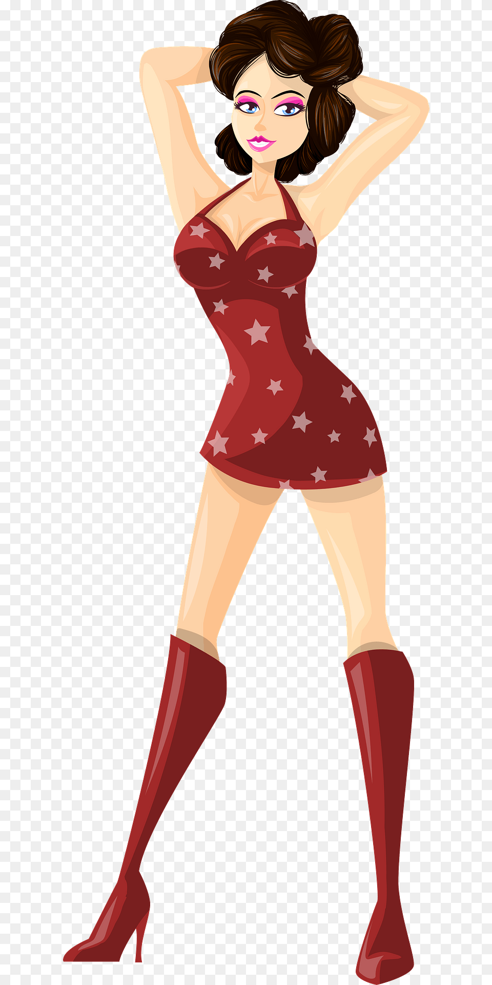 Young Lady Brown Hair Light Skin Red Dress With Star Pattern Clipart, Adult, Person, Woman, Female Png