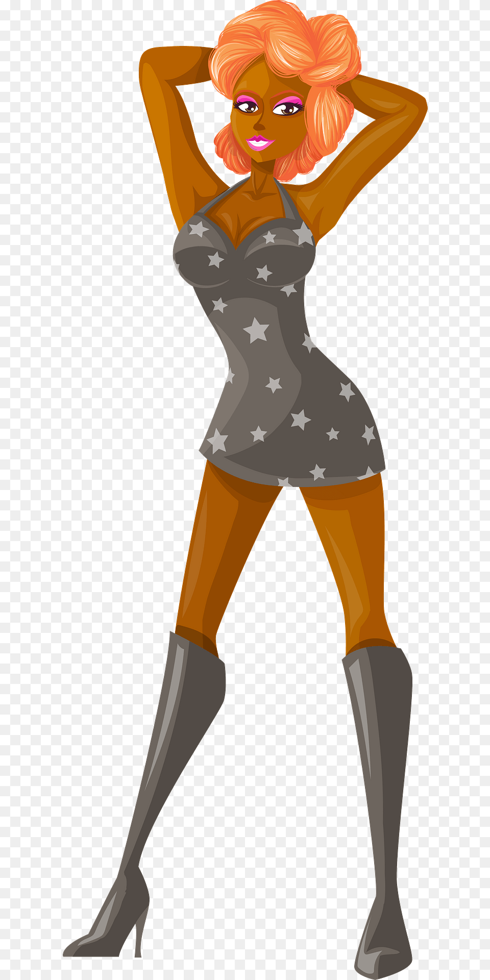 Young Lady Redhead Dark Skin Gray Dress With Star Pattern Clipart, Person, Dancing, Leisure Activities, Art Free Transparent Png