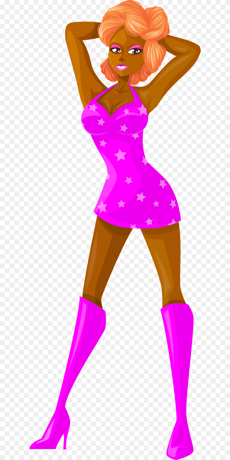 Young Lady Redhead Dark Skin Pink Dress With Star Pattern Clipart, Person, Dancing, Leisure Activities, Face Free Transparent Png