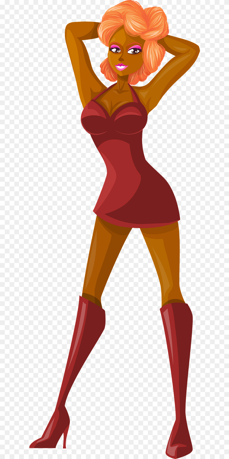 Young Lady Redhead Dark Skin Plain Red Dress Clipart, Person, Dancing, Leisure Activities, Art Png