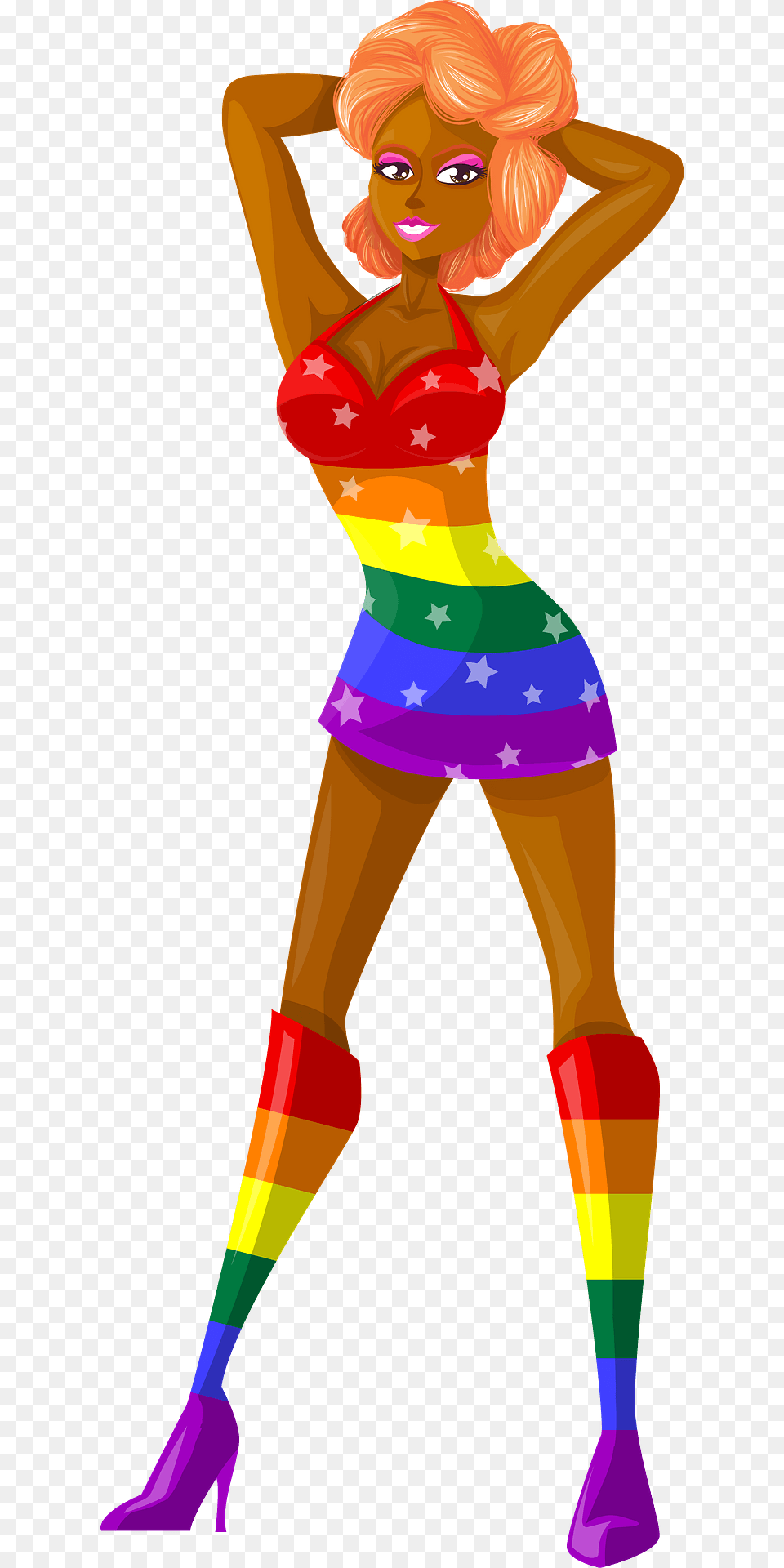 Young Lady Redhead Dark Skin Rainbow Dress With Star Pattern Clipart, Person, Clothing, Costume, Art Png