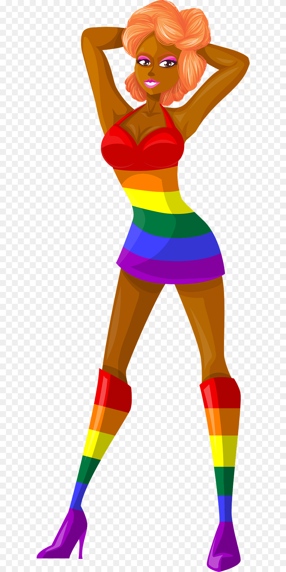 Young Lady Redhead Dark Skin Striped Rainbow Dress Clipart, Adult, Person, Female, Woman Free Png Download