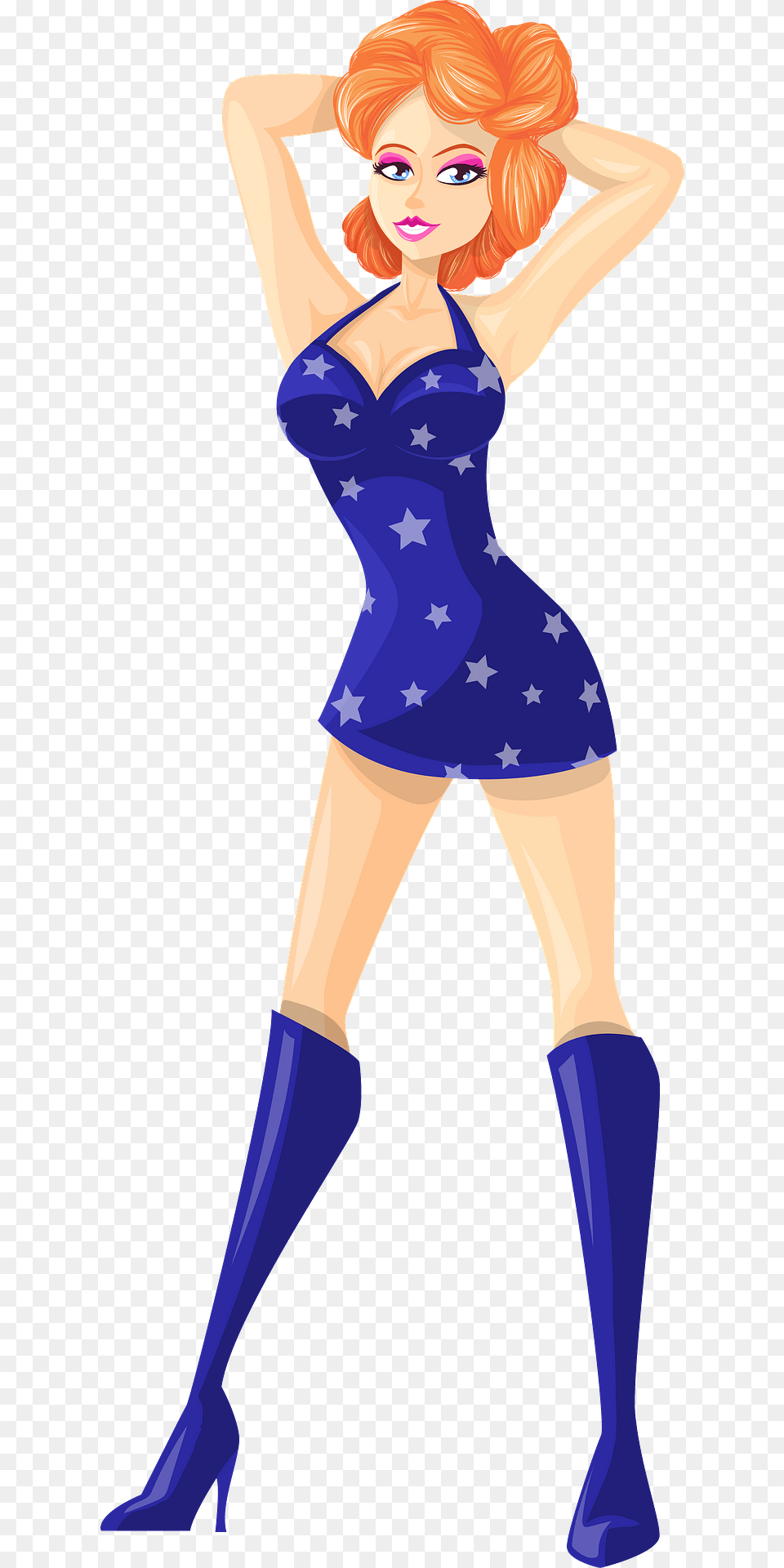 Young Lady Redhead Light Skin Blue Dress With Star Pattern Clipart, Adult, Person, Female, Woman Png