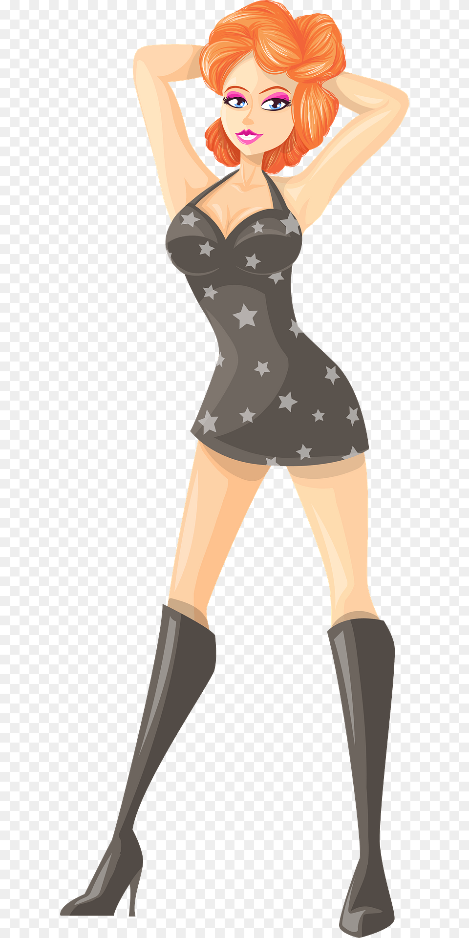 Young Lady Redhead Light Skin Gray Dress With Star Pattern Clipart, Adult, Person, Woman, Female Png