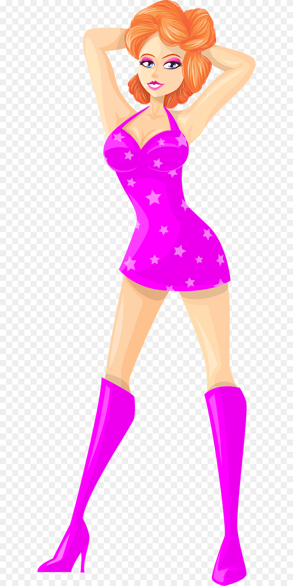 Young Lady Redhead Light Skin Pink Dress With Star Pattern Clipart, Adult, Female, Person, Woman Png Image