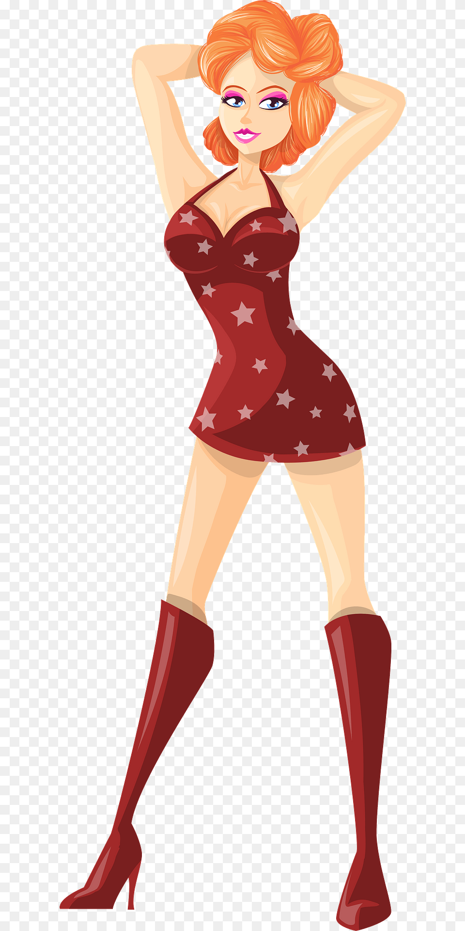 Young Lady Redhead Light Skin Red Dress With Star Pattern Clipart, Adult, Person, Female, Woman Free Png Download