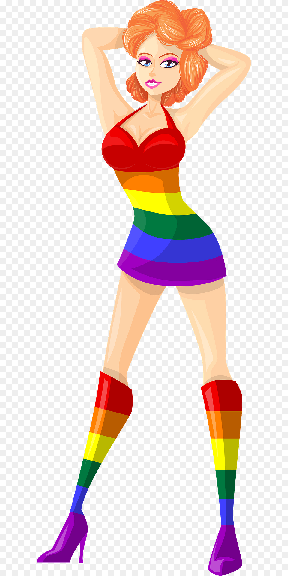 Young Lady Redhead Light Skin Striped Rainbow Dress Clipart, Adult, Female, Person, Woman Png Image