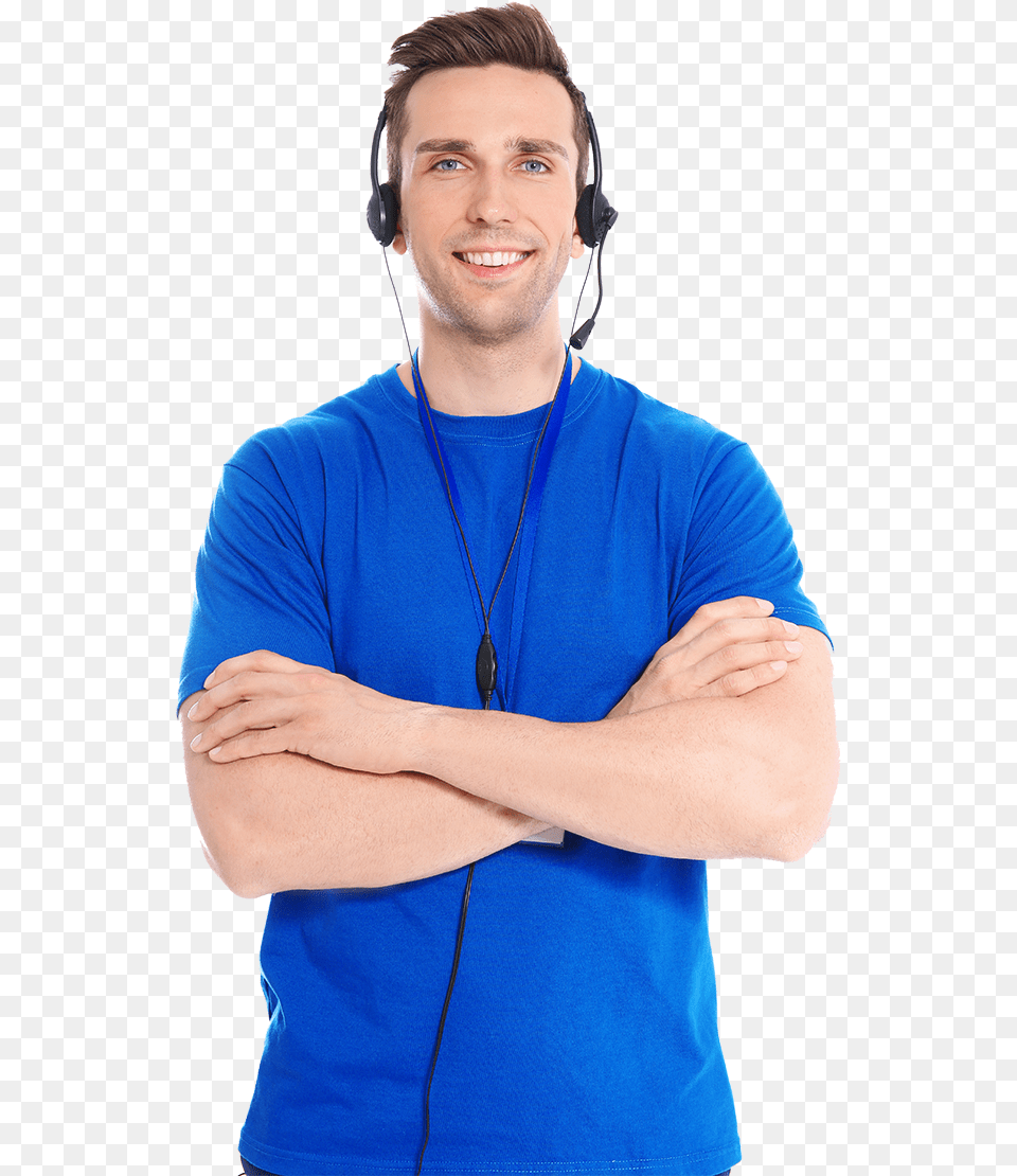 Young Man With Headset Phone On Standing With Arms Multipurpose Health Workers Male, Adult, Person, Clothing, Long Sleeve Free Transparent Png