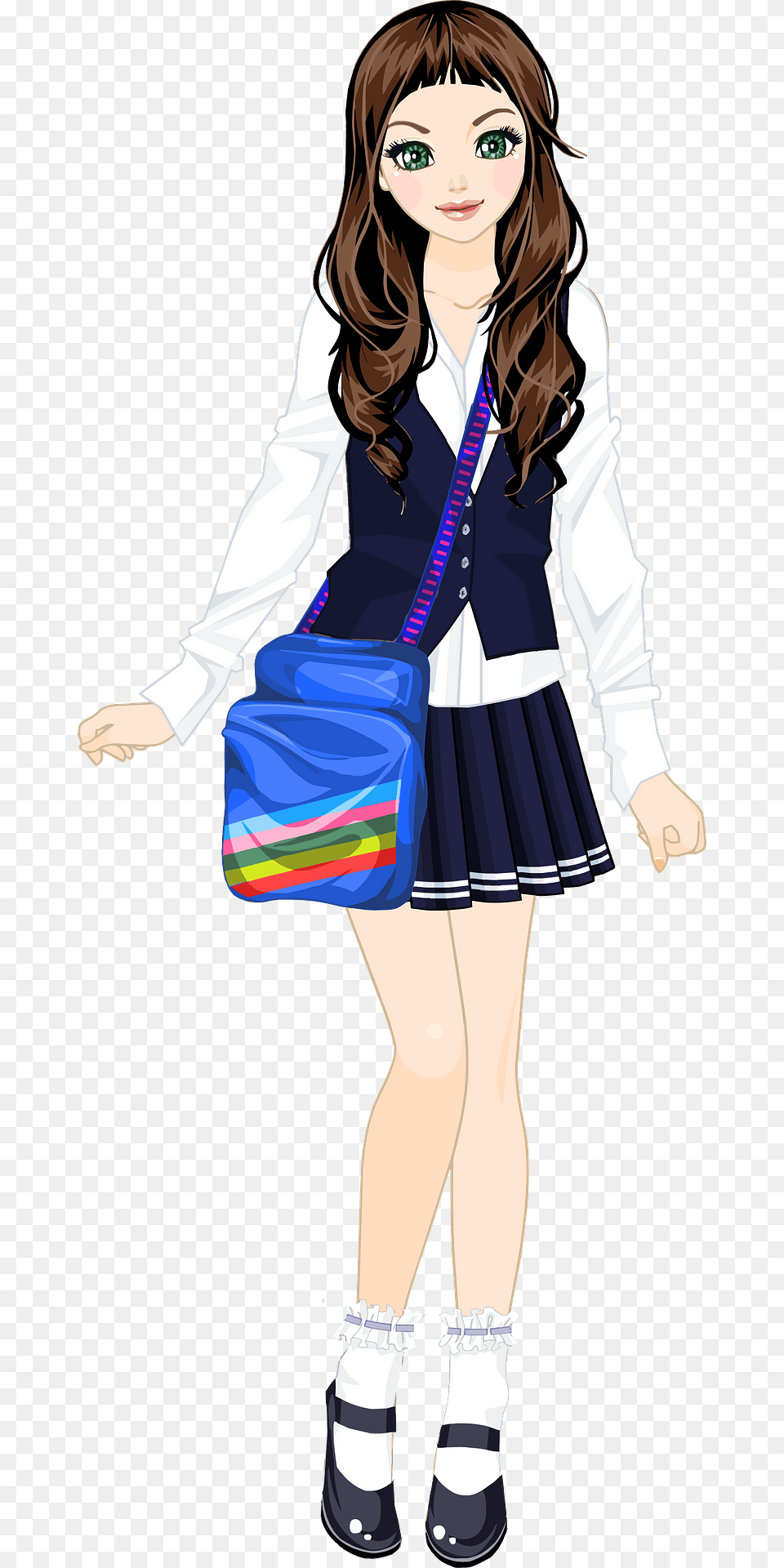 Young School Girl With A Blue School Bag Clipart, Accessories, Publication, Person, Handbag Png