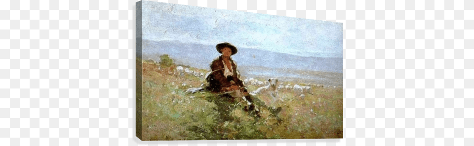 Young Shepherd With Sheep In The Back Canvas Print Peak, Adult, Person, Painting, Woman Png