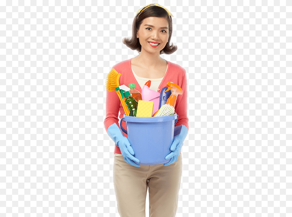 Young Woman Holding Blue Bucket With Both Hands Hands Holding A Bucket, Adult, Female, Person, Cleaning Free Png