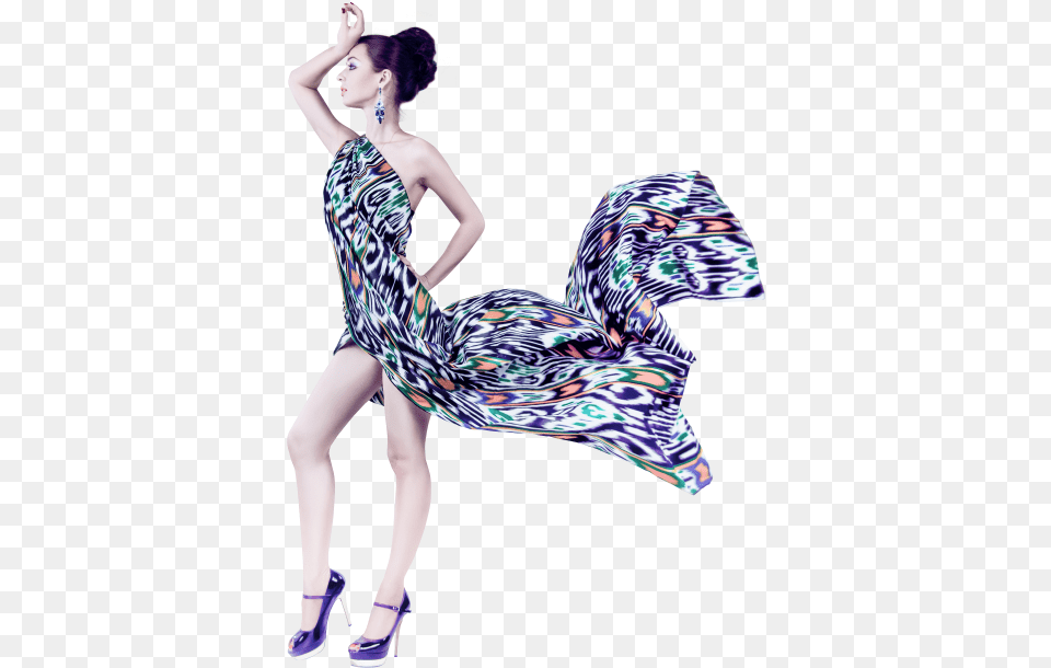 Young Woman In Fashion Flying Fabric Dress Transparent Background Fashion, Adult, Shoe, Person, Leisure Activities Png Image