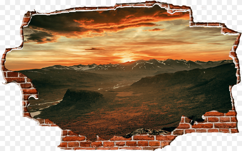 Zapwalls Decals Sunset Mountainside Red Clouds Breaking Crashing Through Wall Transparent, Brick, Hole, Nature, Outdoors Free Png Download
