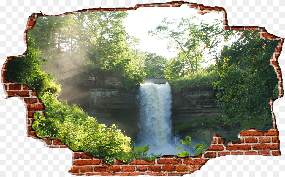 Zapwalls Decals Water Fall In Forest Breaking Wall Chicago Waterfall, Brick, Vegetation, Tree, Rainforest Png