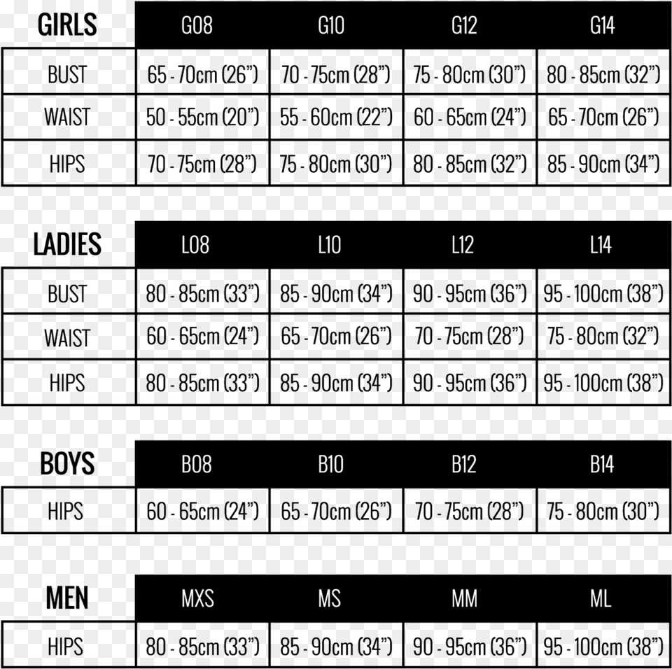 Zealous Swimwear Training Swimsuit Size Chart, Text Free Png