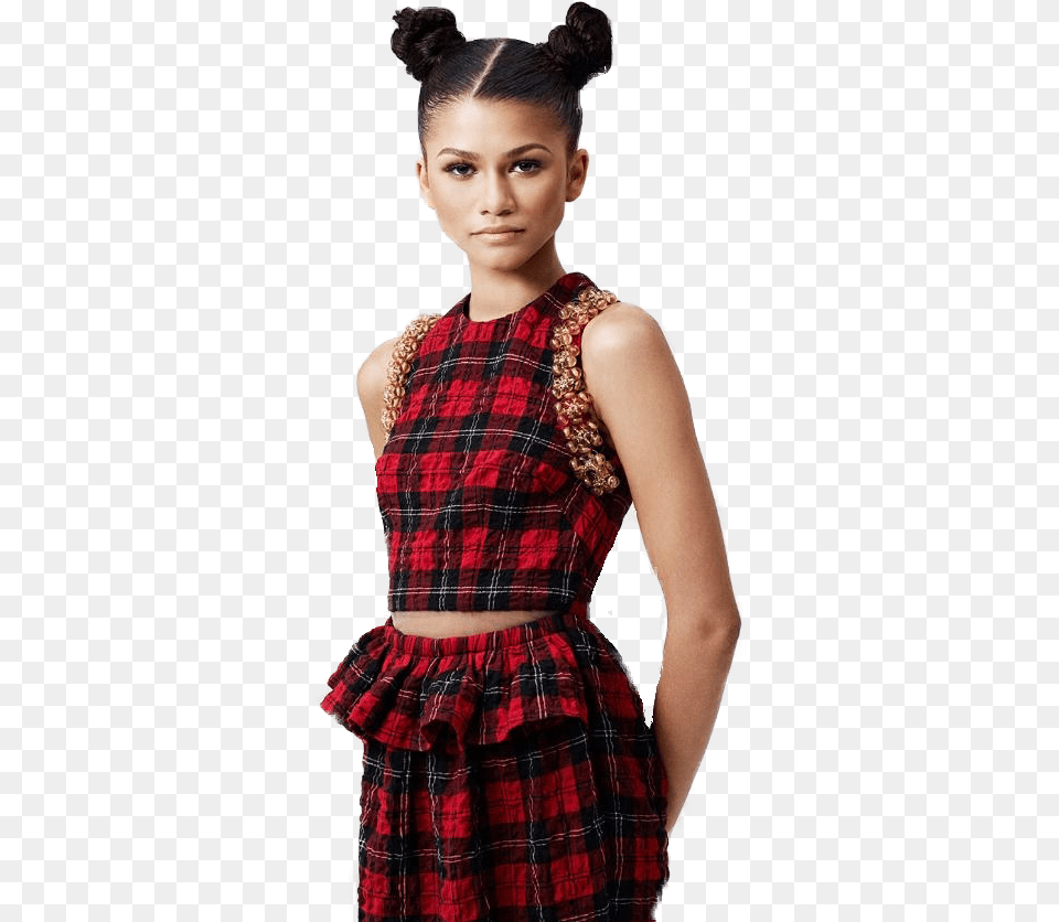 Zendaya Coleman Zendaya With Two Buns, Blouse, Clothing, Person, Tartan Free Png