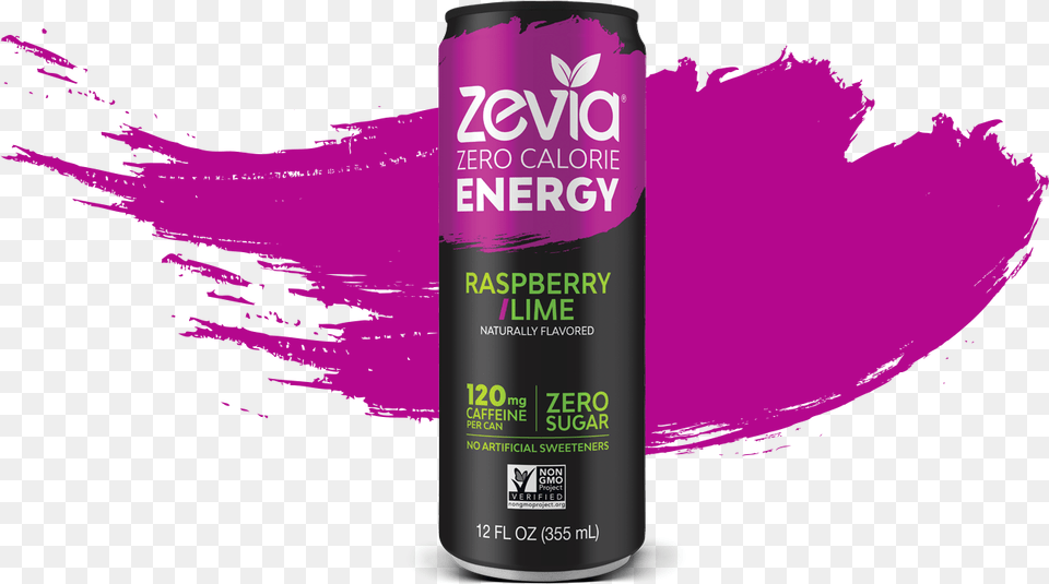 Zevia Sugar Free Zero Calorie Raspberry Lime Energy Caffeinated Drink, Can, Tin, Spray Can Png Image