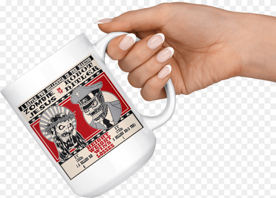 Zombie Jesus Vs Robot Hitler Mug Original Design Mug, Cup, Person, Pill, Medication Free Transparent Png
