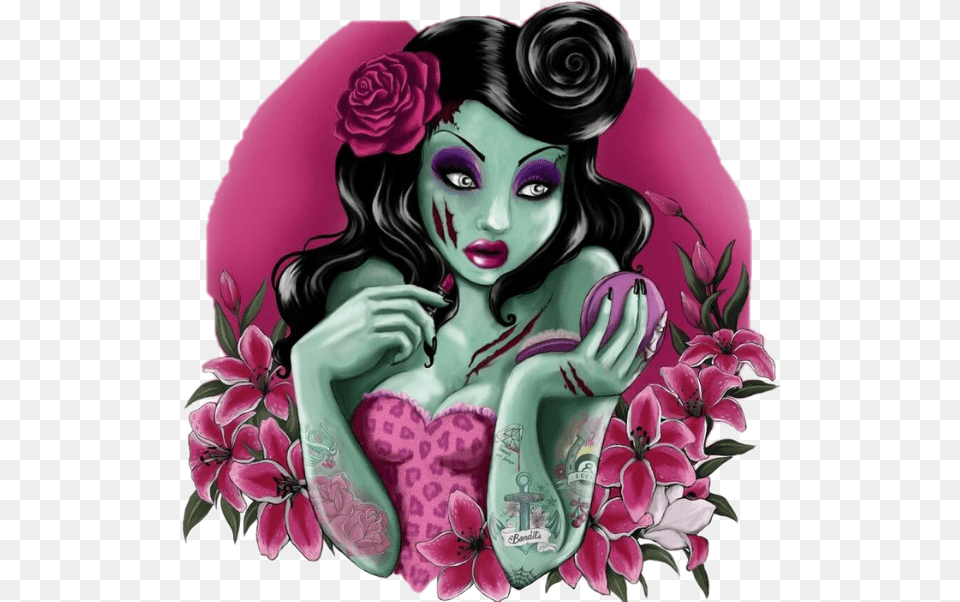 Zombiegirl Tattoos Tattooedgirl Tattooed Pin Up Rockabilly Cartoon, Art, Purple, Graphics, Person Free Png Download