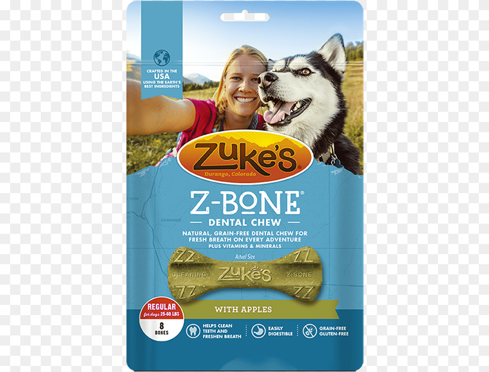 Zukes Z Bones Clean Apple Crisps Dental Dog Treats Zuke39s Z Bones Gf Apple Crisp, Advertisement, Pet, Mammal, Husky Free Transparent Png